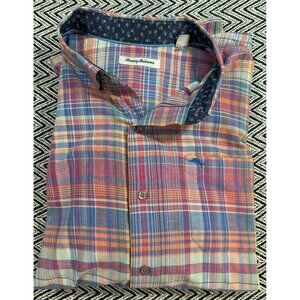 Tommy Bahama Men's 2XL Plaid Button-Up ShirtvFloral Inner Collar Cotton Blend Mu